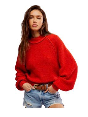 Women's M Free People Riley Crewneck Balloon Sleeve Pullover in Fiery Red